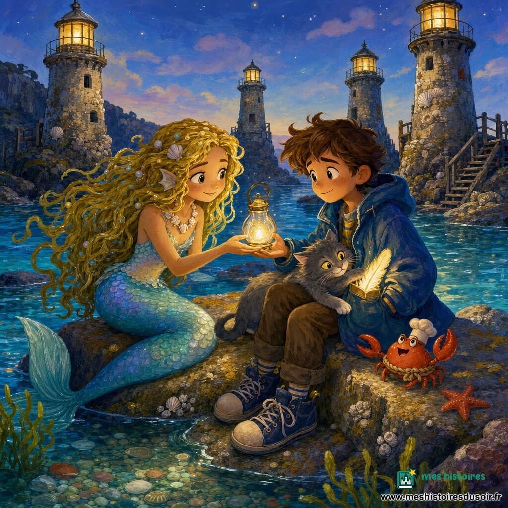 Mira, une sirène douce offrant une petite lampe en verre contenant une lueur, cheveux en algues dorées ondulées, queue bleu-vert nacrée et collier de coquillages ; Nino, garçon d'environ huit ans en veste bleue trop grande, cheveux bruns en mèche, assis sur un rocher et recevant la lampe pendant qu'une chaleur lumineuse filtre de sa poche ; Chef Pinçot, petit crabe rouge-orangé à la ceinture de corde, tapote près de la chaussure de Nino ; Brume, chat gris aux yeux jaunes, posé sur ses genoux ou enroulé contre sa jambe avec la patte sur la poche lumineuse ; en arrière-plan, quatre phares anciens en pierre usés par le sel, base ornée de coquillages et marches en bois visibles ; lieu : crique claire au bord d'une mer transparente, cailloux colorés sous l'eau, algues délicates et rochers plats couverts de lichens et petites étoiles de mer ; scène principale : échange intime et lumineux entre la sirène et l'enfant sur le rocher dans une crique ensoleillée, atmosphère chaleureuse et magique, couleurs chaudes et reflets nacrés, la lampe de verre étant le foyer lumineux de la composition.