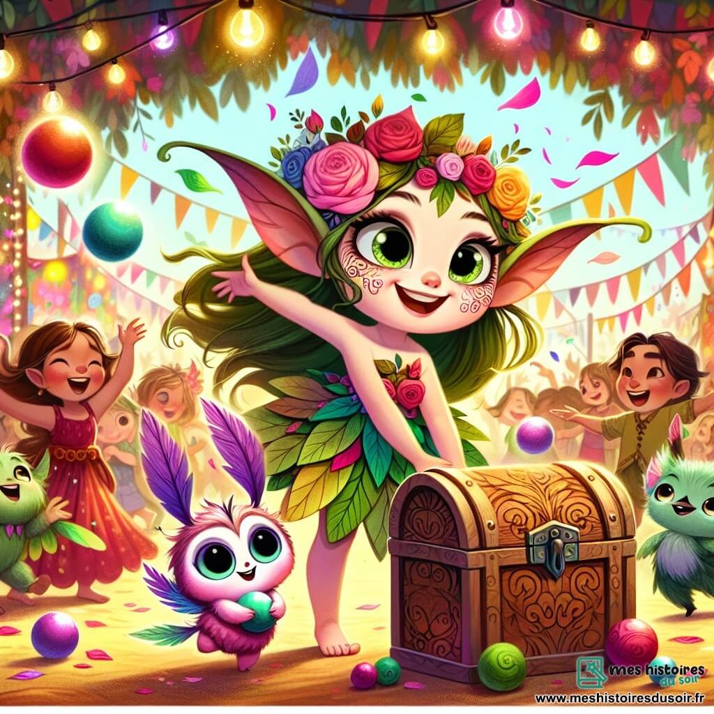 Illustration d'une jeune nymphette des bois avec de grandes oreilles en forme de feuilles et des yeux pétillants. Elle porte une robe en pétales de roses et danse joyeusement au milieu d'une fête colorée. À ses côtés, un petit être à plumes vertes sourit et bat des ailes, tandis qu'un autre Farfouille aux plumes violettes jongle avec des balles colorées. La scène se déroule sur une place de carnaval vibrante, ornée de guirlandes de fleurs, de lanternes scintillantes et de confettis. Des enfants rient et jouent, et des adultes dansent au rythme de la musique, créant une atmosphère festive. La nymphette et ses amis découvrent un coffre en bois sculpté, entouré de lucioles, prêts à ouvrir un trésor magique. Des feux d'artifice illuminent le ciel, ajoutant à la magie de la scène. D'autres éléments incluent des masques colorés, des instruments de musique et des étoiles scintillantes.