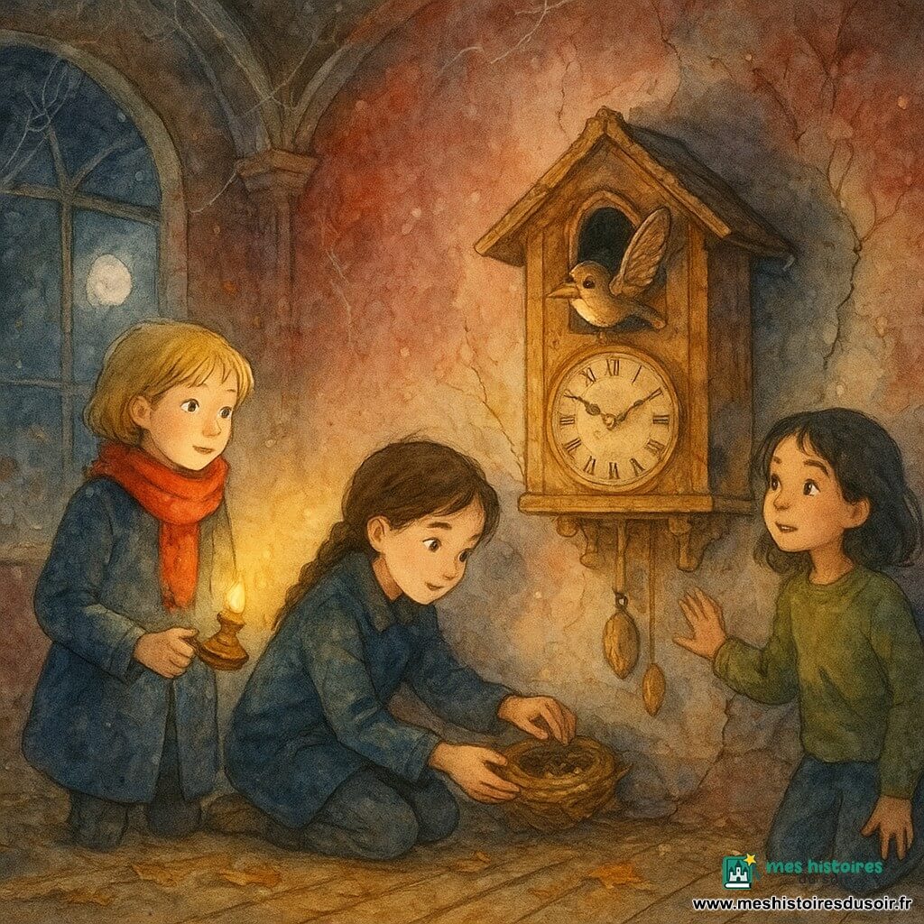 Trois filles — Mia, 10 ans, cheveux bruns tressés, manteau bleu marine poussiéreux, agenouillée au centre pour replacer un petit nid en bois sous un grand coucou mural ; Lila, 10 ans, cheveux blonds courts, écharpe rouge, à gauche, debout, tenant une lampe à huile projetant un faisceau jaune chaud ; Jade, 9 ans, cheveux noirs lâchés, pull vert olive, à droite, la main sur le mur fissuré, regard émerveillé — réparent le nid du coucou dans une vieille salle de bal abandonnée aux papiers peints bordeaux effilochés et au lustre cassé ; l'oiseau mécanique commence à s'animer, ailes figées et petit chant doux, l'atmosphère est mystérieuse et rassurante, éclairée par la lampe et la lune filtrant par de larges fenêtres ogivales, avec poussière scintillante et touches aquarelle soulignant la lumière et le mouvement.