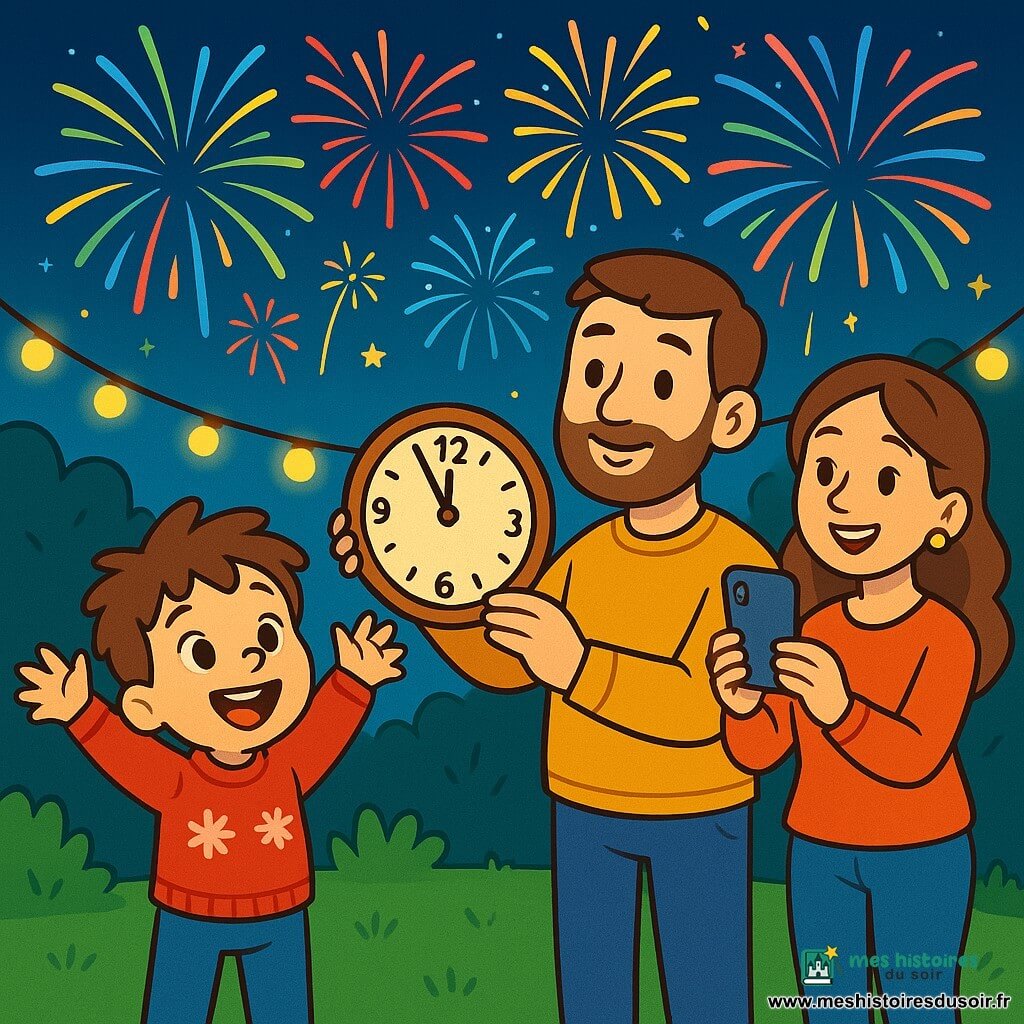 Un petit garçon de 4 ans, Lucas, avec des cheveux bruns en désordre et des yeux pétillants, est dans le jardin, les bras levés vers le ciel, émerveillé par des feux d'artifice. Il porte un pull rouge avec des flocons de neige et un pantalon bleu. À ses côtés, son papa, un homme d'une trentaine d'années avec une barbe légère, tient une horloge en bois, comptant les secondes avant minuit. Sa maman, souriante et avec des cheveux longs, prend une photo de ce moment avec son téléphone. Le jardin est décoré de guirlandes lumineuses et le ciel est rempli de couleurs vives des feux d'artifice. Lucas, heureux, célèbre le Nouvel An avec sa famille, entouré de lumière et de joie.