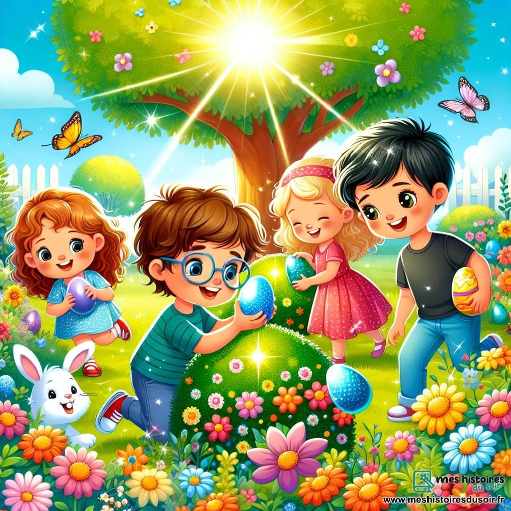 Dans un jardin ensoleillé, quatre enfants chassent des œufs de Pâques. Léo, 7 ans, tient un œuf bleu, Mia, 6 ans, sourit avec un œuf jaune, Tom, 8 ans, cherche sous un arbre, et Zoé, 7 ans, est accroupie près des fleurs. Le jardin est coloré, avec des fleurs, des papillons et un arbre verdoyant. Les enfants cherchent un œuf en or, aidés par un lapin blanc. L'atmosphère est joyeuse et magique, remplie de rires.