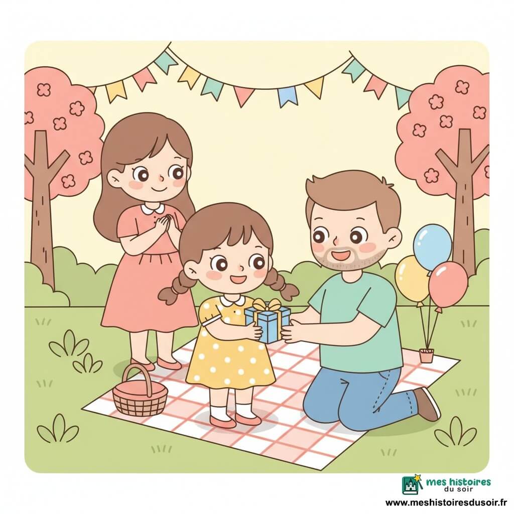Fille de 8 ans enthousiaste, cheveux châtains en deux couettes, robe jaune à pois blancs, tient un petit cadeau bleu à ruban doré; père d’environ 35 ans, barbe légère, t-shirt menthe et jean, agenouillé à droite, souriant et surpris; mère d’environ 33 ans, cheveux bruns lâchés, robe corail, légèrement en arrière à gauche, applaudissant; parc ensoleillé avec pelouse, guirlandes entre arbres à fleurs roses, couverture à carreaux, panier et ballons; remise d’un cadeau pour la fête des pères, ambiance chaleureuse et familial, lumière douce de fin d’après-midi; palette pastel (jaune, menthe, corail, bleu), arrière-plan épuré, traits arrondis, style kawaii minimal et joyeux.