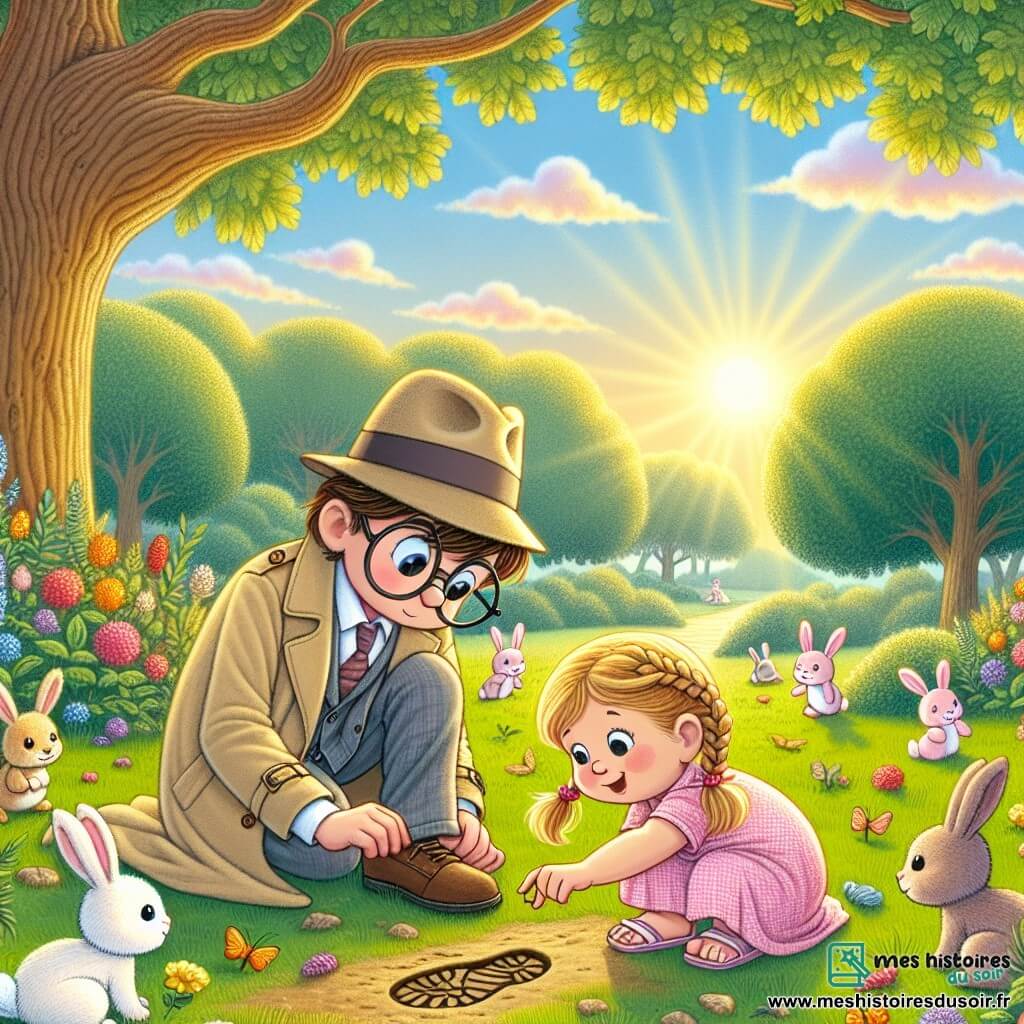 Max, un homme de taille moyenne avec des cheveux bruns et des lunettes rondes, porte un trench-coat beige et un chapeau de détective. Il examine une empreinte de chaussure dans la boue, accroupi près d'un chêne. Lucie, une petite fille de six ans avec des cheveux blonds en tresses, est assise sur l'herbe, entourée de lapins, avec un sourire joyeux. Le parc est verdoyant, baigné de lumière dorée, avec de grands arbres, des fleurs colorées et un ciel bleu clair. Max examine l'empreinte tandis que Lucie joue avec les lapins, créant une atmosphère mystérieuse et joyeuse.