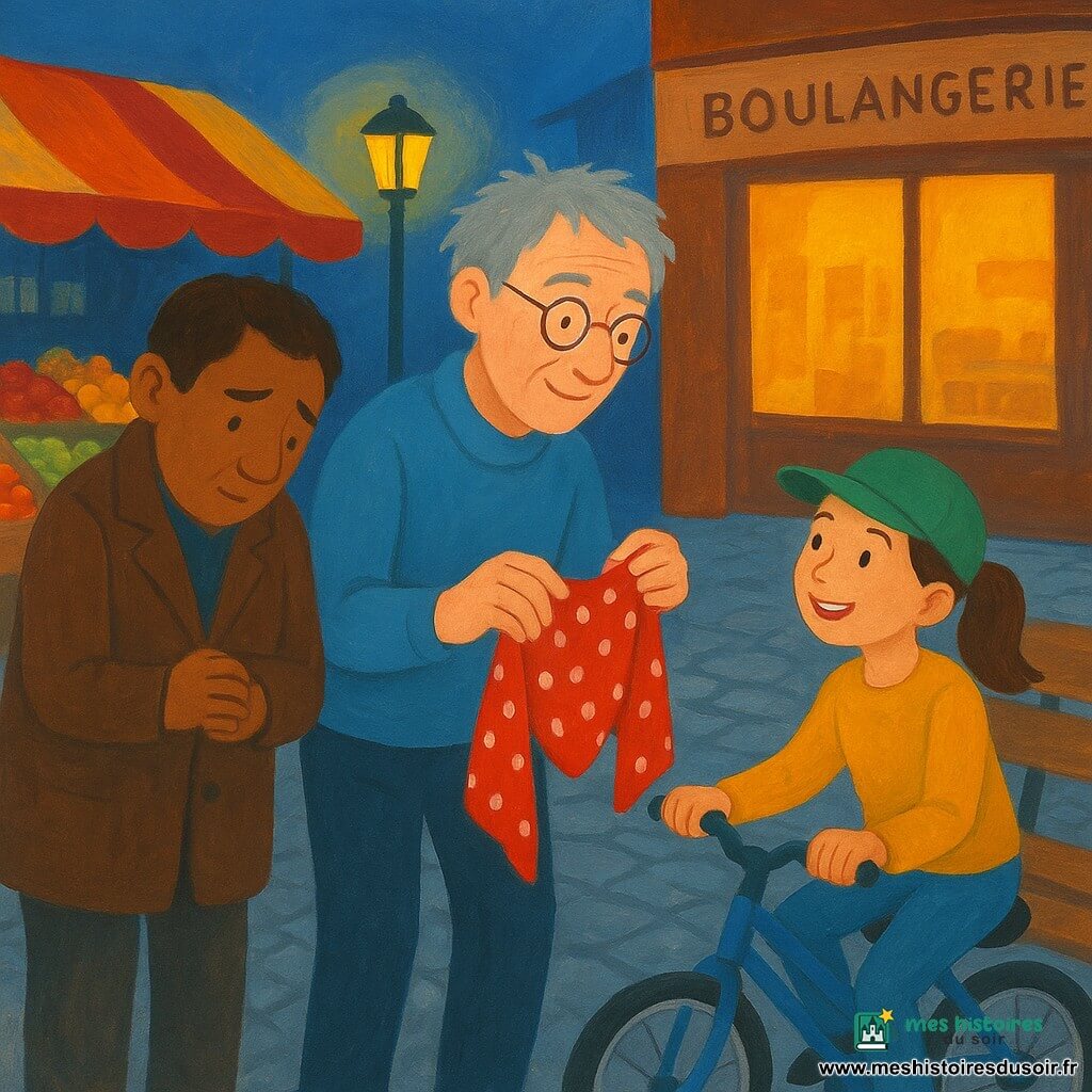 Un homme d'âge mûr aux cheveux gris en broussaille et lunettes rondes, bienveillant, tend délicatement un foulard rouge à pois blancs; à gauche, un homme adulte timide au manteau brun regarde le foulard les mains crispées; une fille d'environ 10 ans en casquette verte, queue de cheval, sourit soulagée en reprenant son foulard, assise sur un petit vélo près d'un banc; scène au crépuscule sur une place de marché pavée avec lampadaire jaune, étals de fruits, boulangerie et une poubelle renversée; atmosphère chaleureuse et apaisée, sourire partagé après la restitution.