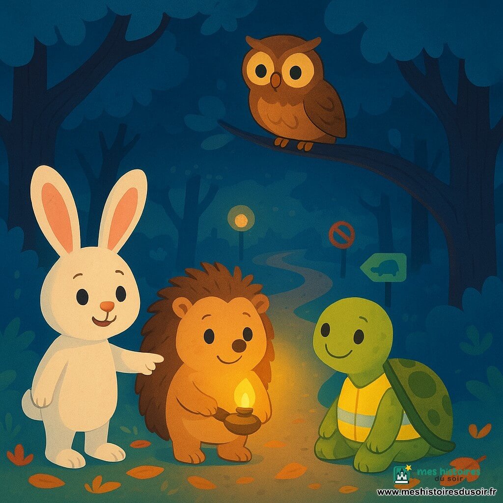 Un petit hérisson rond aux piquants bruns tient une lampe à huile jaune et regarde timidement, Léon le lapin blanc aux grandes oreilles pointe un panneau éclairé à sa gauche, Zoé la tortue verte au gilet jaune réfléchissant est assise à droite en souriant, Madame Chouette est perchée sur une branche au-dessus; en arrière-plan un sentier de nuit serpente entre des arbres bleu nuit avec des panneaux colorés, feuilles orangées au sol et lampadaires diffusant une lumière chaude; ambiance rassurante, style vectoriel aux contours doux, palette pastel saturée et formes simples adaptées aux tout-petits.