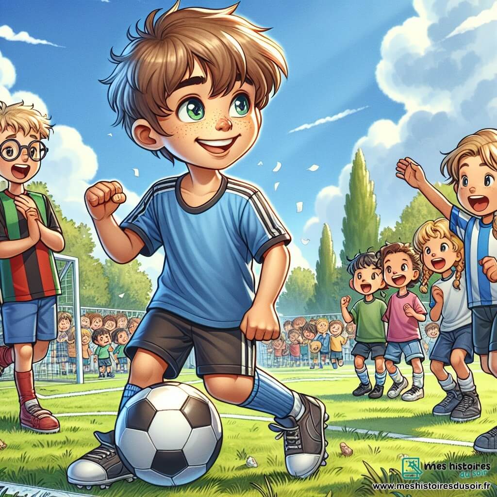 Lucas, un garçon de 10 ans, est au centre de l'image, avec des cheveux bruns en bataille et un grand sourire, portant un maillot bleu et un short noir. Il dribble un ballon de football avec agilité, ses yeux pétillants d'excitation. À ses côtés, Tom, 11 ans, avec des lunettes et des cheveux blonds, applaudit, tandis qu'Emma, 9 ans, avec des tresses et un maillot rose, l'encourage. Ils sont sur un terrain de football verdoyant, entouré d'arbres et d'enfants admirant le jeu. Le parc est ensoleillé, avec un ciel bleu clair et quelques nuages. La scène montre Lucas prêt à marquer un but, illustrant l'esprit d'équipe et la passion du football.