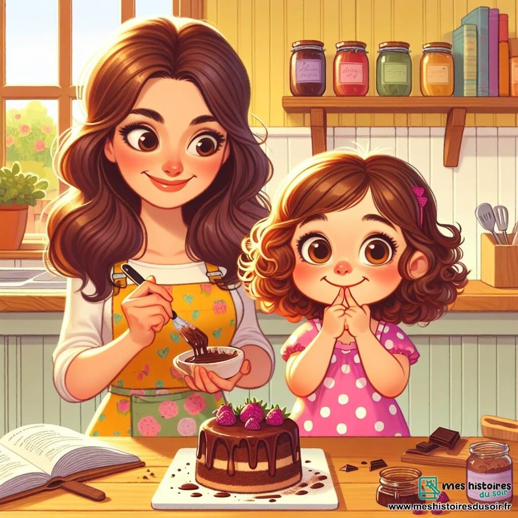 Une petite fille de 4 ans, Emma, avec de grands yeux curieux et des cheveux châtains bouclés, se tient devant une table en bois, souriante. Elle porte une robe rose à pois blancs et a les mains pleines de chocolat, indiquant qu'elle a goûté au gâteau. À côté d'elle, sa maman, une femme d'une trentaine d'années avec des cheveux longs et lisses, sourit tendrement tout en tenant un livre de recettes et une spatule, prête à préparer un dessert ensemble. La scène se déroule dans une cuisine lumineuse aux murs jaunes, avec des fenêtres laissant entrer la lumière du soleil et des étagères remplies de pots de confiture et de livres de cuisine. Emma, un peu coupable mais heureuse, se tient là, consciente d'avoir pris un morceau de gâteau sans demander, mais prête à avouer la vérité à sa maman.