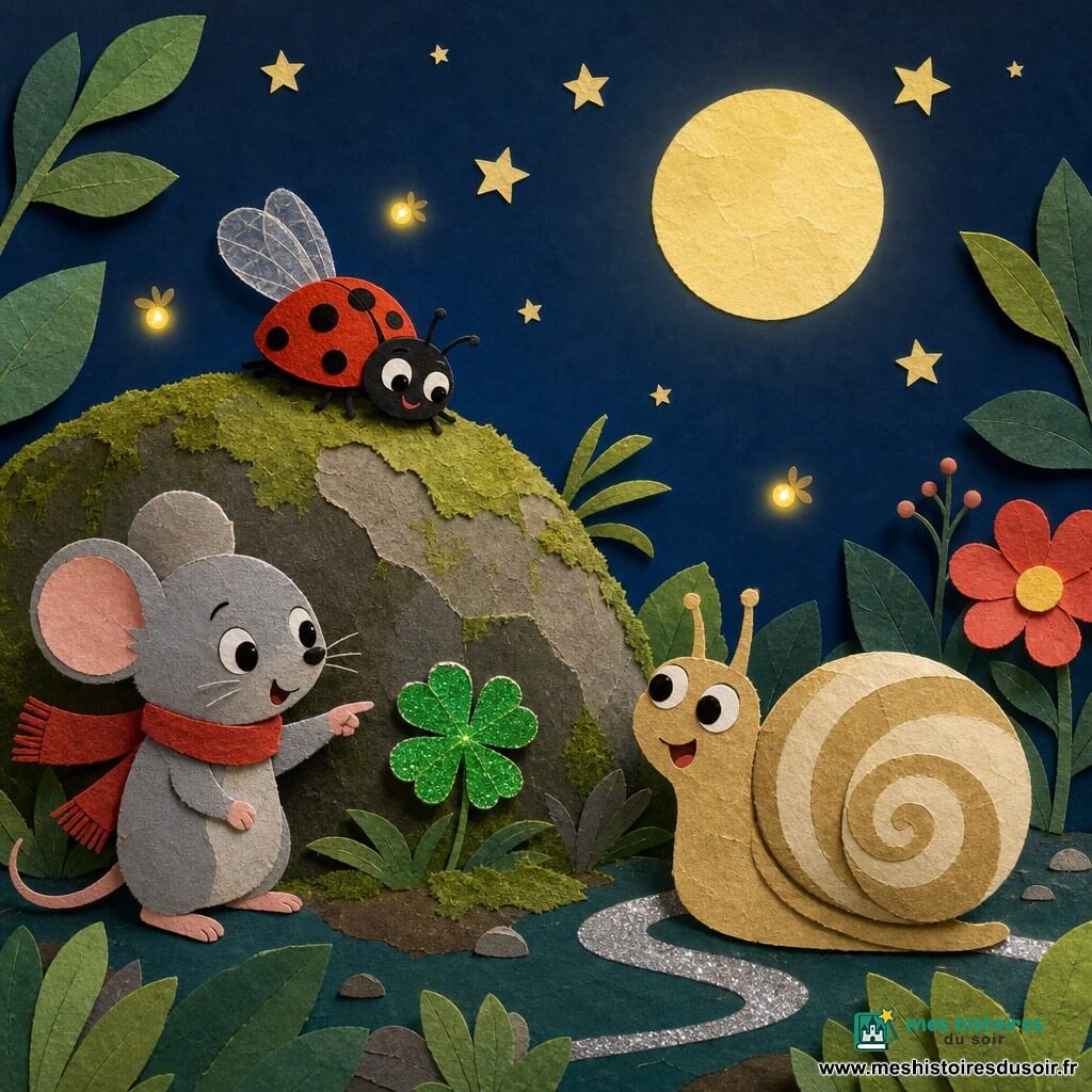 Un escargot nommé Lino à la coquille ronde beige et crème laisse un mince sillon argenté sur une feuille brillante, regard curieux tourné vers un trèfle aux quatre feuilles émeraude ; Momo la petite souris à la fourrure grise et écharpe rouge, debout à gauche, pointe le trèfle, et Zoé la coccinelle rouge à points noirs vole au-dessus avec des ailes semi-transparentes en papier froissé ; en arrière-plan à droite, un vieux rocher couvert de mousse, grandes feuilles, fleurs stylisées et petites lucioles dorées sous une lune jaune pâle et un ciel bleu nuit étoilé, lumière douce, couleurs chaudes et textures papier évidentes, ambiance d’aventure douce, émerveillement et amitié.