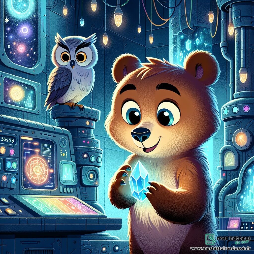 Un jeune ours au pelage brun et doux, avec de grands yeux curieux, tient un cristal lumineux qui éclaire son visage d'une lueur bleutée. Il se trouve dans un ancien laboratoire mystérieux, rempli de machines étranges et d'hologrammes projetant des images de galaxies. À ses côtés, un hibou sage avec des lunettes rondes observe avec admiration, intrigué par les données sur les écrans holographiques. L'ambiance est mystérieuse, avec des murs en métal brillant et des lumières tamisées, créant une atmosphère d'aventure. Le jeune ours découvre l'importance de sa trouvaille pour l'avenir de sa ville, LuminoCity.
