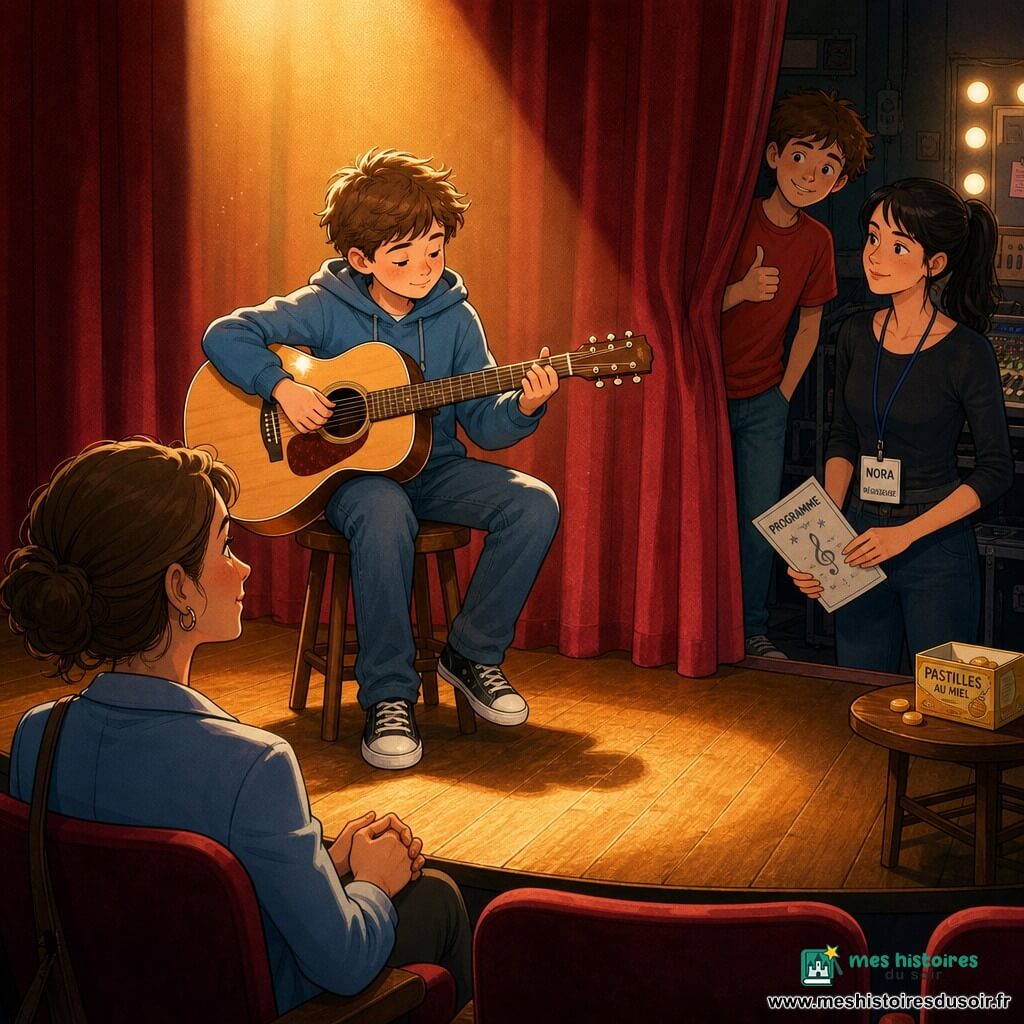 Garçon d'environ 11 ans, visage rond, cheveux châtain courts ébouriffés, assis sur un tabouret au centre de la scène, jouant et chantant doucement une guitare acoustique claire sous un faisceau chaud ; sa mère d'environ 35 ans, cheveux en chignon, émue et fière, est assise au premier rang en silhouette, mains jointes ; Sam, adolescent d'environ 13 ans en t-shirt rouge, est en coulisse à droite, à moitié dans l'ombre, faisant un pouce levé ; Nora, régisseuse d'environ 30 ans, cheveux noirs en queue de cheval et badge, tient un programme près des rideaux ; petite salle de théâtre avec rideau de velours bordeaux, plancher verni, rangées de sièges sombres et console de son en coulisse, ambiance intime et chaleureuse, contrastes doux entre lumière chaude sur scène et ombres en coulisse, détails : reflets sur la guitare et une petite boîte de pastilles au miel visible en loge.