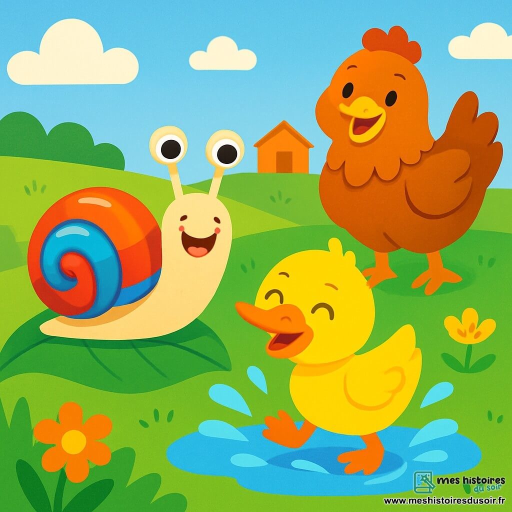 Un petit escargot souriant avec une coquille brillante et rayée glisse sur une feuille verte. À côté, un canard jaune éclabousse de l'eau en sautant dans une flaque. En arrière-plan, une poule rousse observe la scène, prête à rire. Le décor est une ferme ensoleillée avec des champs verdoyants, des fleurs colorées et un ciel bleu. L'escargot et le canard jouent ensemble, éclaboussant de l'eau, tandis que la poule les encourage avec un sourire.
