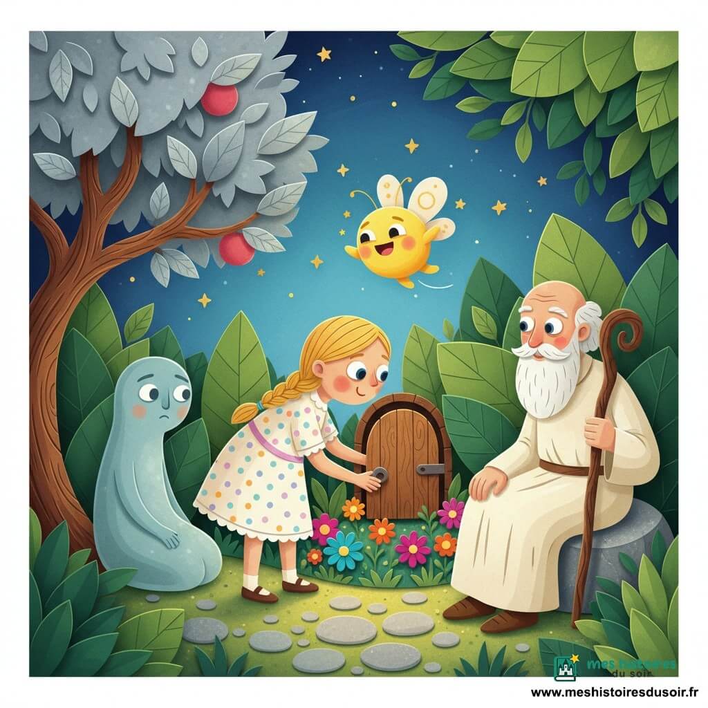 Lila, 6 ans, aux cheveux blonds en natte et robe à pois pastel, ouvre une petite porte en bois cachée parmi les feuilles et sourit timidement ; à droite, le Sage des Saisons (≈70 ans) en tunique crème, barbe blanche et bâton sculpté, est assis sur une pierre et la regarde bienveillant ; une petite créature jaune ailée de Joie vole au-dessus des fleurs tandis qu’une créature de Tristesse bleu-gris est assise au pied d’un arbre aux feuilles argentées ; le jardin magique comprend un vieux pommier, un tapis de fleurs multicolores, des chemins de pierres scintillantes et un ciel bleu parsemé d’étoiles dorées, éclairé d’une lumière chaude avec des ombres douces.