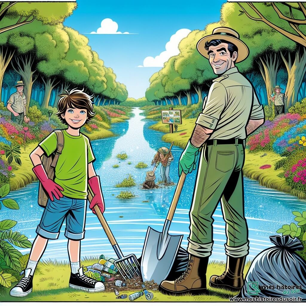Léo, un garçon de 12 ans aux cheveux bruns en désordre et aux yeux déterminés, se tient au bord d'un ruisseau scintillant. Il porte un t-shirt vert vif et un short en jean, avec des gants de jardinage, prêt à nettoyer la nature. À ses côtés, Monsieur Martin, un ranger d'environ 40 ans avec un chapeau de paille et une chemise kaki, sourit en tenant une pelle et encourage Léo. Ils se trouvent dans une réserve naturelle luxuriante, entourés d'arbres majestueux, de fleurs colorées et d'un ruisseau qui serpente, ramassant des déchets et illustrant leur engagement à protéger l'environnement.