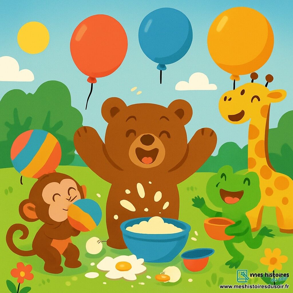 Un ours brun nommé Oscar, souriant, se tient au centre, les pattes levées, entouré de farine et d'œufs, prêt à faire un gâteau. À sa droite, Lili la grenouille saute joyeusement avec un petit bol, tandis qu'à gauche, Sam le singe souffle dans un ballon coloré en riant. Plus loin, Zoé la girafe lève un grand ballon, souriante. La scène se déroule dans une clairière ensoleillée, avec des arbres et des fleurs, et des éclats de farine et des fruits au sol, illustrant une fête amusante pleine de rires et de surprises.
