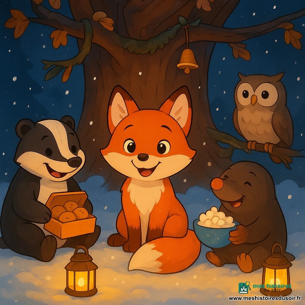 Un renard roux nommé Lino, avec une fourrure brillante et des yeux pétillants, sourit chaleureusement, assis au centre d'un cercle de neige scintillante entouré de lanternes lumineuses. À sa droite, Mina la taupe tient un bol de pop-corn neigeux, et à sa gauche, un blaireau montre une boîte de biscuits croquants. En arrière-plan, une chouette perchée sur une branche observe la scène. Tout se passe sous un grand chêne décoré, avec une clochette qui tinte doucement. La neige tombe, créant une atmosphère magique et festive.