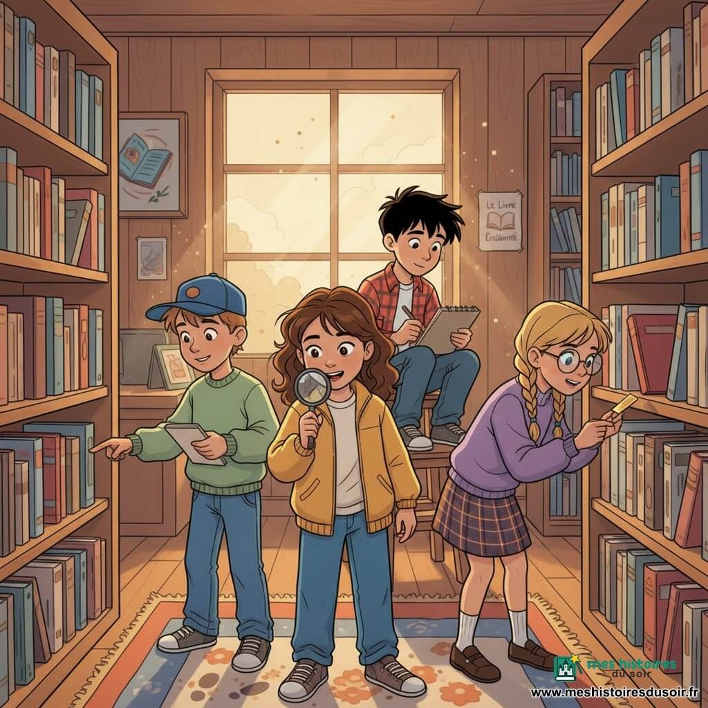 Quatre enfants enquêtent dans une librairie chaleureuse aux murs en bois et étagères hautes : Léa (10 ans) au centre, cheveux bruns bouclés, veste jaune moutarde, tient une loupe ; Tom (9 ans) à gauche, cheveux châtains courts, casquette bleue à l'envers, montre une piste avec un carnet et un crayon ; Emma (10 ans) à droite, cheveux blonds en tresse, pull violet et lunettes rondes, tient un marque-page doré ; Hugo (9 ans) derrière elle, cheveux noirs ébouriffés, chemise à carreaux rouge, esquisse l'étagère sur un petit escabeau. Il manque un livre relié en cuir rouge sur l'étagère, on voit une empreinte poudreuse au sol et le marque-page posé sur un livre voisin; lumière dorée entrant par une grande fenêtre, poussière flottante, tapis près du comptoir et affiche "Le Livre Enchanté" au fond; ambiance joyeuse et mystérieuse, couleurs chaudes et contrastes nets, style dessin animé années 90.