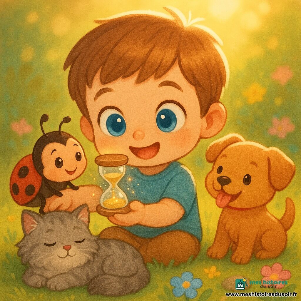 Léo, garçon de 4 ans aux cheveux châtain clair et grands yeux bleus, sourit émerveillé en tenant un petit sablier en verre au sable doré; Mila la coccinelle repose sur son avant-bras, Tom le petit chien caramel est assis à droite la langue dehors et la queue qui remue, et à gauche un vieux chat gris tigré aux longs poils ronronne; ils sont rassemblés en cercle dans un jardin en fin d’après-midi aux herbes et fleurs colorées, lumière dorée, arrière-plan flou, moment calme où le sable coule, tons pastel.
