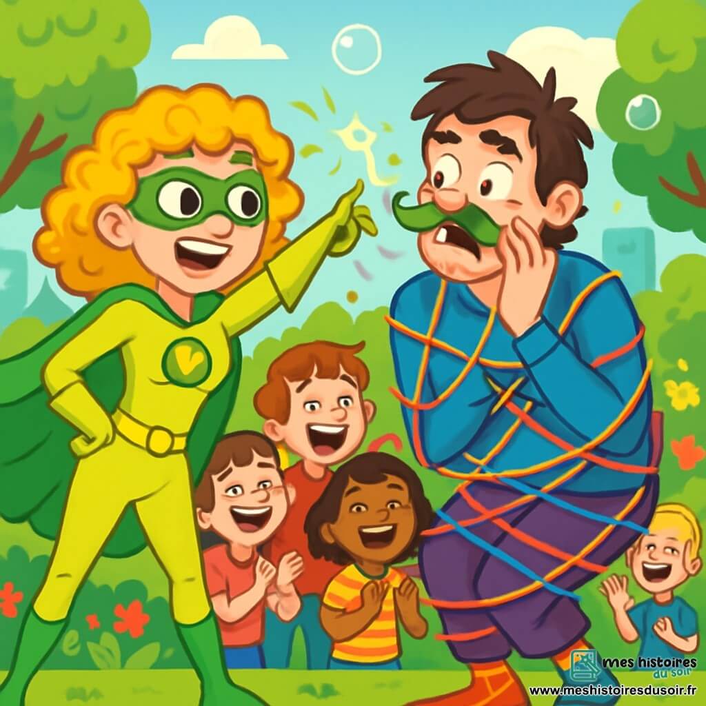 Zélie, une super-héroïne pétillante aux cheveux bouclés et dorés, porte un costume lumineux jaune citron et vert fluo. Avec un grand sourire espiègle, elle utilise ses pouvoirs pour faire pousser des moustaches sur les visages des méchants. Capitaine Pataud, un homme d'une trentaine d'années avec une moustache en bataille et des chaussettes dépareillées, est surpris par la moustache qui lui pousse, enroulé dans un filet coloré à côté de Zélie, l'air confus et amusé. Le parc central de Pétaradiville est verdoyant, avec des arbres aux feuilles éclatantes et des fleurs multicolores, tandis que des bulles de savon flottent dans l'air et qu'un groupe d'enfants rit et applaudit. Zélie transforme un moment de chaos en une fête joyeuse pleine de rires et de surprises.