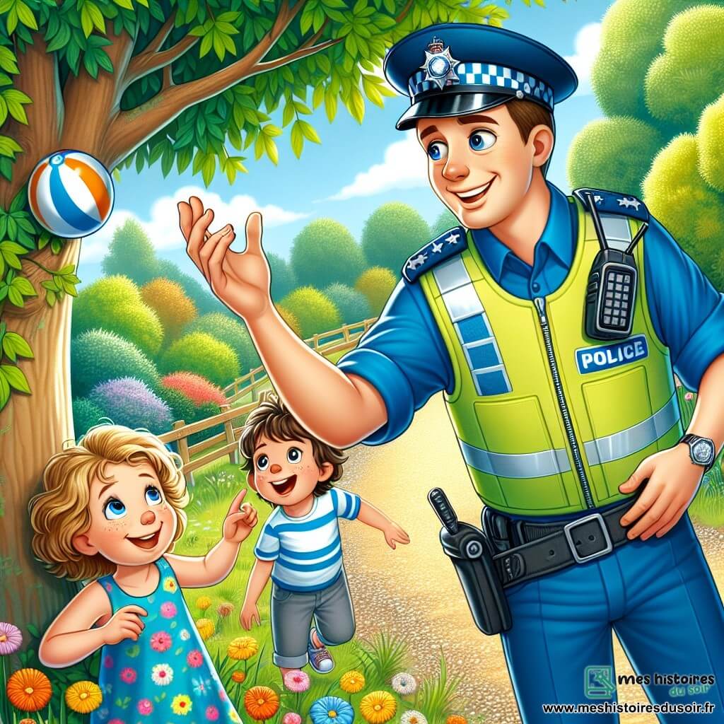 Un jeune policier souriant, d'environ 25 ans, en uniforme bleu vif, se tient sous un arbre et tend la main pour décrocher un ballon coincé dans les branches, affichant une expression de concentration et de joie. À ses côtés, une petite fille de 7 ans, Anna, aux cheveux blonds et bouclés, observe avec émerveillement, tandis qu'un garçon de 6 ans, Lucas, avec des cheveux bruns en bataille, rit et pointe le ballon. Le parc ensoleillé est rempli d'arbres, de fleurs et d'enfants jouant au loin, créant une ambiance joyeuse et accueillante. La scène illustre l'entraide et la camaraderie.