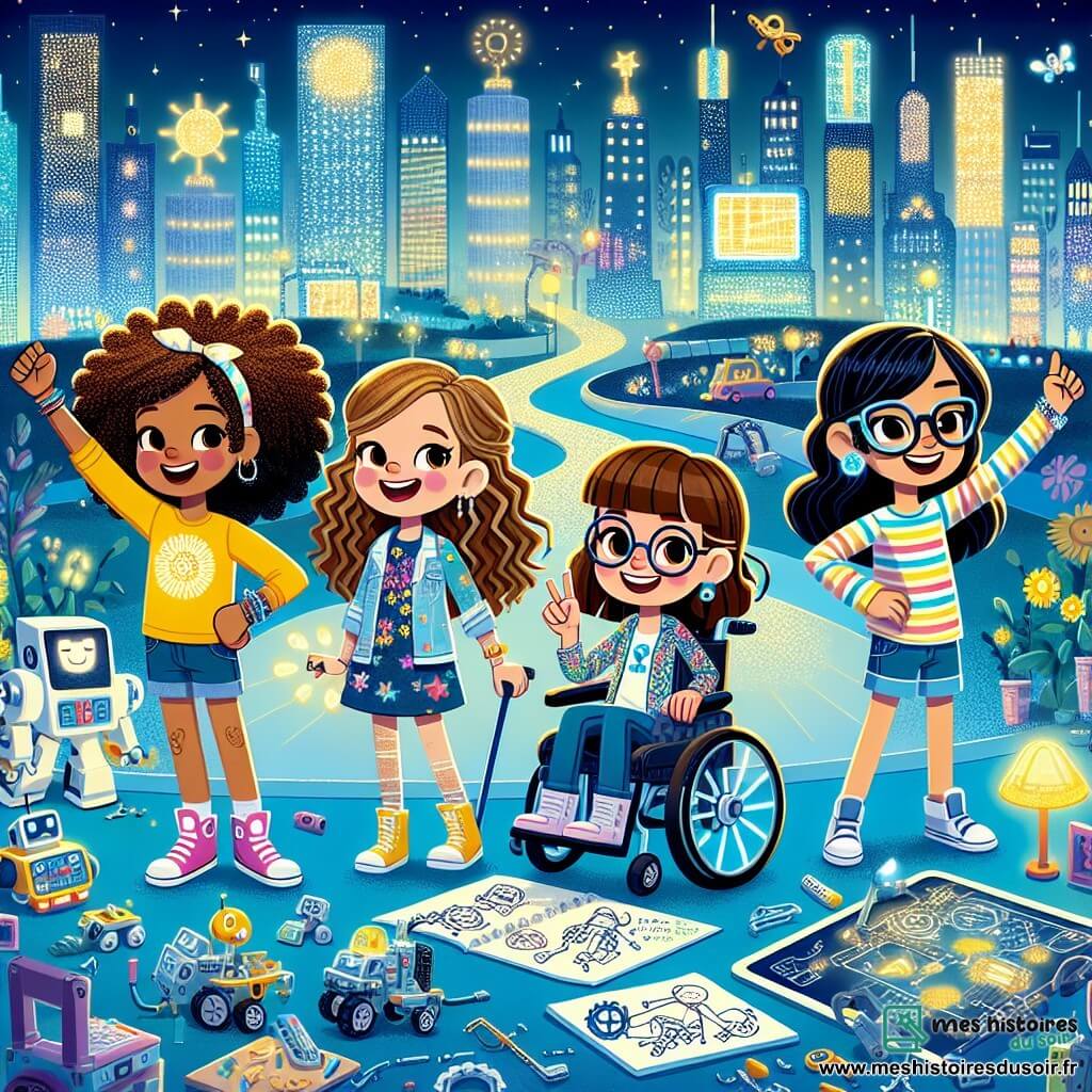 Au centre de l'image, quatre amies de sept ans se tiennent ensemble, joyeuses. Zoé, à gauche, a des cheveux bouclés et bruns, porte un t-shirt jaune et un short en jean, et sourit en levant les bras. À sa droite, Lila, avec des cheveux lisses et blonds, est en robe colorée et tient un carnet de croquis. À côté, Mia, aux cheveux châtains et frisés, est dans un fauteuil roulant, vêtue d'un t-shirt bleu et entourée de gadgets. Enfin, Clara, avec des cheveux raides et noirs, porte une chemise à rayures et tient un plan de leur invention. Le décor est le parc des hologrammes de Lumiville, une ville futuriste avec des bâtiments scintillants et des arbres lumineux. Les amies présentent leur invention, Bobo le Robot, qui danse au centre, attirant l'attention des passants émerveillés, créant une atmosphère festive et créative.