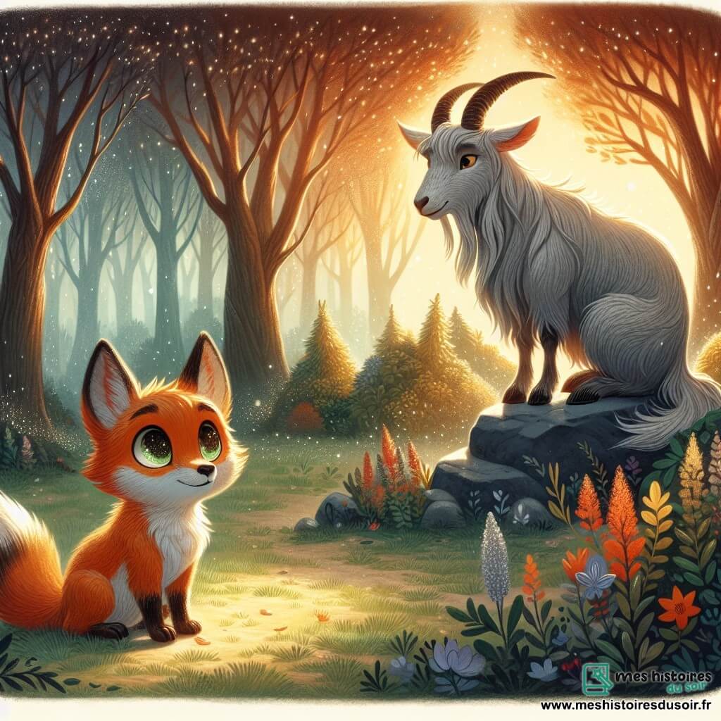 Dans une forêt enchantée, un jeune renard nommé Firmin, avec un pelage orange éclatant et des yeux curieux, se tient pensif au centre de la scène. Il écoute les murmures du vent, ses oreilles dressées. À proximité, Sage-Bouc, un vieux bouc aux cornes majestueuses et au pelage gris argenté, l'observe avec bienveillance depuis une pierre. La scène se déroule dans la clairière de la Forêt des Murmures, entourée d'arbres aux feuilles scintillantes sous la lumière du soleil levant, avec des fleurs colorées et un léger brouillard qui ajoute du mystère. Firmin, en quête de réponses sur la liberté, écoute les conseils de Sage-Bouc, tandis que le vent transporte des murmures secrets, créant une ambiance magique.