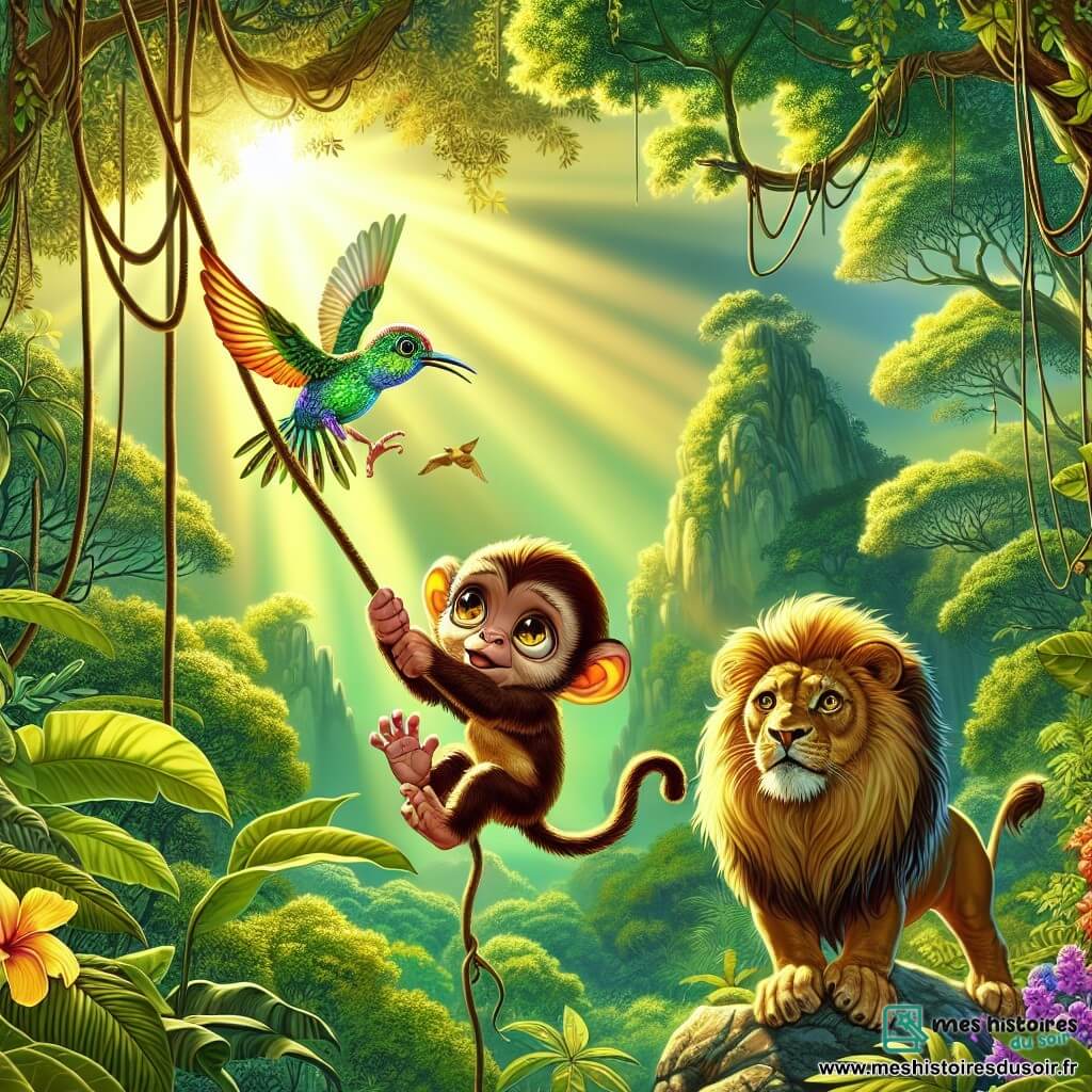 Une petite guenon aux yeux brillants et au pelage doré, inquiète, se tient accrochée à une liane, prête à sauter. À côté, un oiseau-mouche coloré virevolte joyeusement, souriant et prêt à l'aider. En dessous, un lion majestueux, avec une crinière dorée, observe la scène avec bienveillance. La jungle luxuriante les entoure, avec des arbres géants, des fleurs colorées et des rayons de soleil illuminant la scène. La guenon, perdue, cherche sa famille, tandis que l'oiseau-mouche et le lion se préparent à l'aider, créant une atmosphère d'amitié et de solidarité.