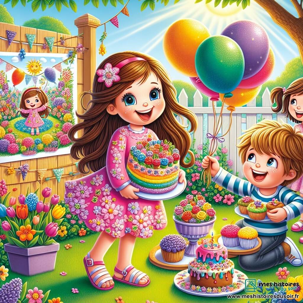 Léa, une petite fille de 6 ans aux longs cheveux bruns et aux yeux pétillants, porte une robe rose à fleurs et sourit en tenant un dessin de son jardin de printemps. À ses côtés, Tom, un garçon de 6 ans aux cheveux blonds, rit en tenant des ballons multicolores. Clara, une autre fille de 6 ans avec des cheveux châtains, apporte des cupcakes décorés de fleurs en sucre. La scène se déroule dans le jardin ensoleillé de Léa, rempli de tulipes et de lilas. Ils célèbrent le printemps lors d'une fête joyeuse, partageant des gâteaux et admirant le dessin de Léa.