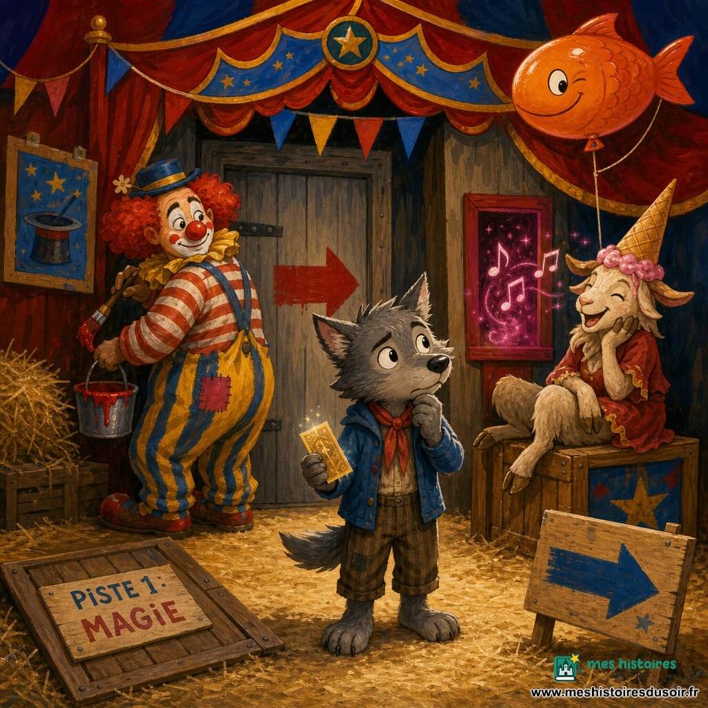 Petit loup anthropomorphe au pelage gris et aux yeux curieux serre un billet brillant dans sa patte, hésitant au centre de la scène ; derrière lui à gauche, un clown trapu aux cheveux roux peint une flèche rouge sur une porte de service en affichant un sourire mi-amusé mi-inquiet ; un ballon-poisson orange clignotant flotte en coin et fait un clin d’œil ; une chèvre acrobate crème, avec un cône de glace sur la tête, rit assise sur une caisse à l’arrière-plan ; le sol est couvert de sciure et de paille, des panneaux en bois peints et une banderole « Grand Numéro Surprise » ornent l’entrée ; trois voies mènent hors de la scène — une trappe « Piste 1 : Magie » à gauche, la porte centrale fléchée et une petite fenêtre à droite d’où s’échappent paillettes roses et notes de musique — le tout baigné d’une ambiance chaleureuse et mystérieuse aux couleurs vives et aux textures épaisses de peinture.