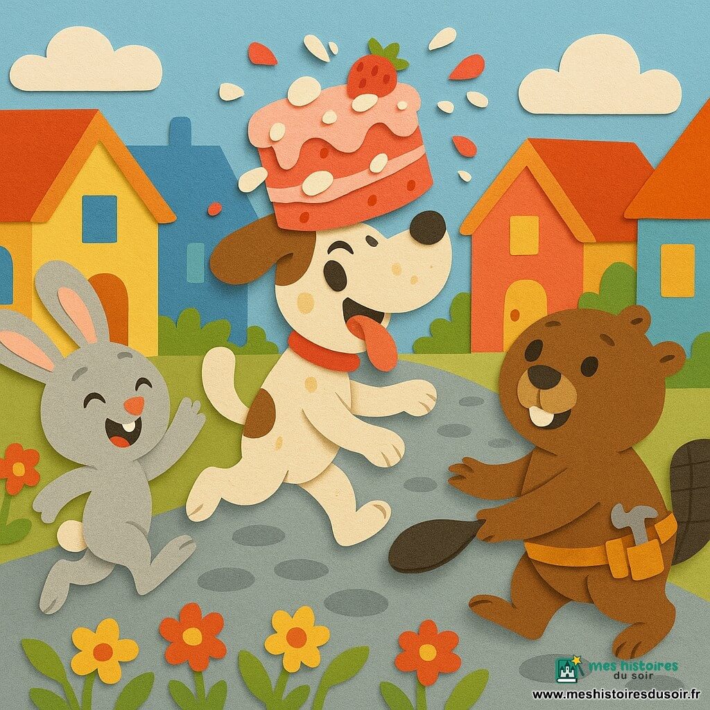 Fripon, chien joyeux au pelage beige tacheté de blanc et collier rouge, trottine sur ses pattes arrière avec un gâteau rose à la fraise posé de travers sur la tête; Lili la lapine grise aux grandes oreilles roses rit en bondissant à sa gauche; Victor le castor brun, calme et corpulent, tend sa queue plate à droite pour rattraper le gâteau; en arrière-plan, la ruelle colorée d'Animaville aux maisons papier découpé, pavés ronds et fleurs stylisées; le gâteau, cabossé en plein rebond, projette éclats de crème et fraises, la scène est dynamique et aux couleurs vives.