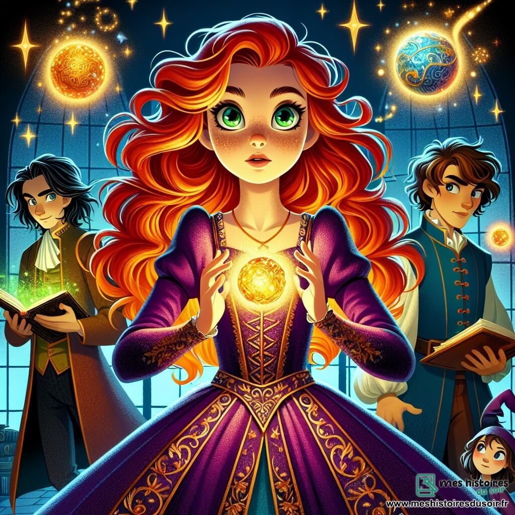 Au centre de l'image, Gwendolyn, une apprentie sorcière de douze ans, se tient avec détermination, ses cheveux roux flamboyants et ses yeux verts pétillants d'excitation. Elle porte une robe en velours violet ornée de motifs dorés et lève les mains vers un globe lumineux flottant. À sa droite, Léon, un garçon espiègle de douze ans avec des cheveux bruns en bataille, est prêt à lancer un sort d'illusion. À gauche, Mila, aux longs cheveux noirs et aux yeux sages, observe attentivement, tenant une potion colorée. La scène se déroule dans la salle du globe de l'Académie des Arcanes, un endroit mystérieux aux murs en pierre ancienne, éclairé par des lanternes flottantes. Gwendolyn, Léon et Mila conjurent ensemble une puissante lumière pour repousser une ombre menaçante qui émerge du sol.