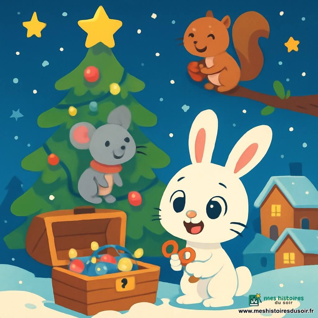 Un petit lapin blanc nommé Léo, avec de grands yeux brillants, se tient au pied d'un sapin de Noël, rayonnant de joie. Il tient une clé en cuivre, regardant un coffre en bois ouvert à ses pieds, rempli de guirlandes scintillantes. À côté, une petite souris grise avec une écharpe rouge sourit, tandis qu'un écureuil espiègle, perché sur une branche, encourage Léo à ouvrir le coffre. Le décor est un village enneigé, créant un paysage féérique sous les flocons de neige et les étoiles scintillantes. Léo découvre le coffre du Grand Sapin, entouré de ses amis animaux, impatients de célébrer Noël ensemble.