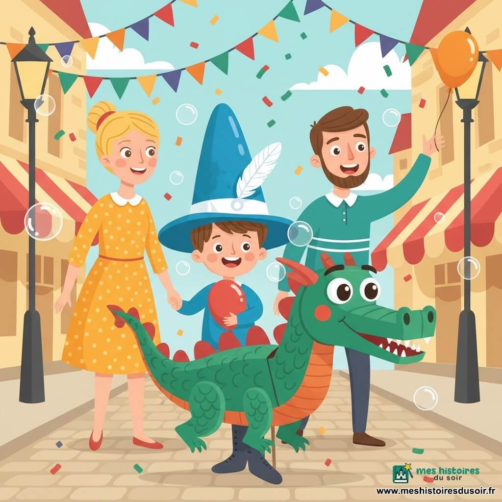 Léo, un garçon de 2 ans aux cheveux châtains courts, sourit, émerveillé par un grand dragon en carton vert et rouge porté par un adulte; il tient un ballon rouge de la main droite et serre la main de sa maman à gauche, une femme aux cheveux en chignon et robe jaune à pois qui sourit doucement, tandis que le papa, légèrement en retrait à droite, essaie d'attraper un ballon orange; la rue pavée du carnaval est décorée de guirlandes, banderoles, confettis colorés et bulles flottantes, créant une ambiance festive chaleureuse.