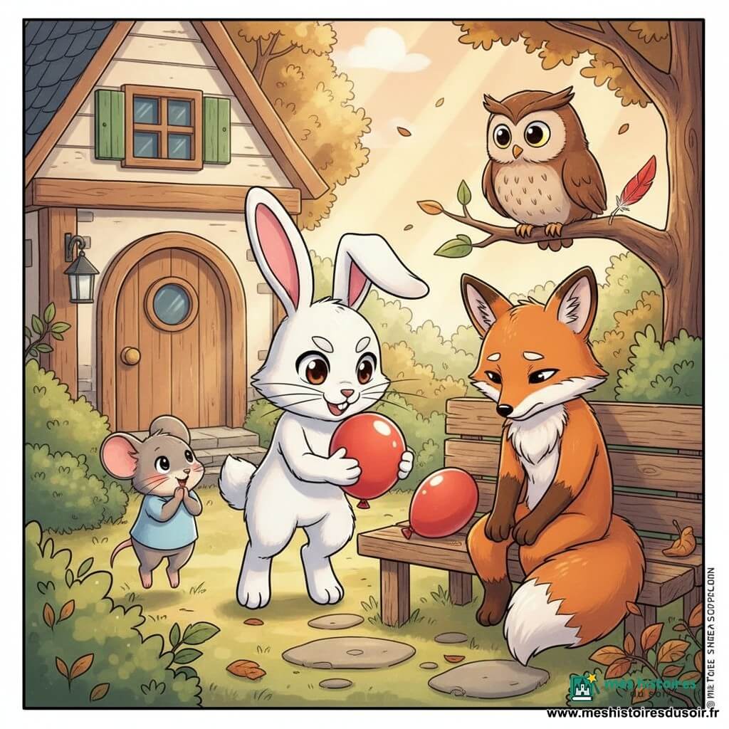 Léo le lapin blanc aux grandes oreilles roses, sourire malicieux, tient délicatement un ballon rouge tandis que Mia la petite souris grise, timide et émerveillée, se tient sur la pointe des pieds à sa gauche, Oscar le hibou brun perché sur une branche observe avec bienveillance et Gaston le renard roux, un peu honteux mais soulagé, est assis sur un banc proche ; devant une petite maison de bois aux volets verts, feuilles d’automne et buissons, la lumière douce d’après‑midi éclaire cette chaleureuse scène de retrouvailles, style manga et couleurs vives.