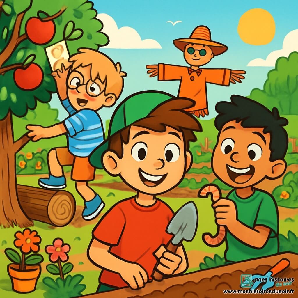 Il y a trois personnages : Max, un garçon de 10 ans avec une casquette verte, des cheveux bruns en bataille et un t-shirt rouge, souriant au centre avec une petite pelle ; Léo, également âgé de 10 ans, portant des lunettes rondes et un t-shirt à rayures bleues, grimpant sur une bûche pour attraper un indice dans un pommier à gauche de Max ; et Sami, avec des cheveux noirs et un t-shirt vert, tenant un gros ver de terre et riant à droite de Max. La scène se déroule dans un jardin communautaire coloré avec des rangées de terre, des fleurs, des arbres fruitiers, des pots de fleurs et un épouvantail amusant. Les trois amis s'amusent à jardiner, découvrant des trésors cachés et s'entraidant, dans une ambiance joyeuse et ensoleillée.