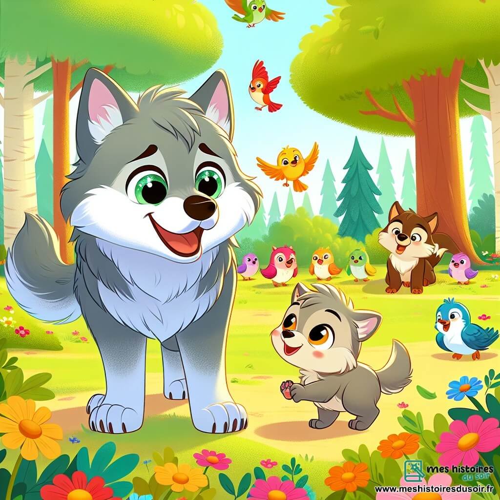 Petit Loup, un jeune loup aux poils gris et doux, se tient au milieu d'une clairière ensoleillée, émerveillé par un groupe de petits oiseaux colorés qui chantent. Maman Loup, une louve au pelage brun, l'encourage à découvrir les merveilles de la nature. La clairière, entourée d'arbres majestueux et de fleurs colorées, offre un tableau vivant. Petit Loup décide de ramasser des déchets pour aider son environnement, affichant une expression déterminée.