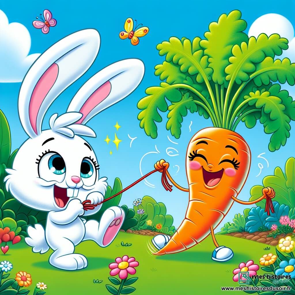 Un petit lapin blanc nommé Filou, aux grandes oreilles et aux yeux pétillants, saute joyeusement dans un jardin coloré, tirant sur une carotte géante qui brille au soleil. À côté, la carotte magique, anthropomorphique, sourit et danse, ses feuilles vertes ondulant au vent. Le jardin est rempli de fleurs éclatantes, de papillons et d'un ciel bleu avec des nuages. Filou tire sur la carotte qui danse et rit, créant une scène joyeuse et absurde où les légumes prennent vie de manière ludique.