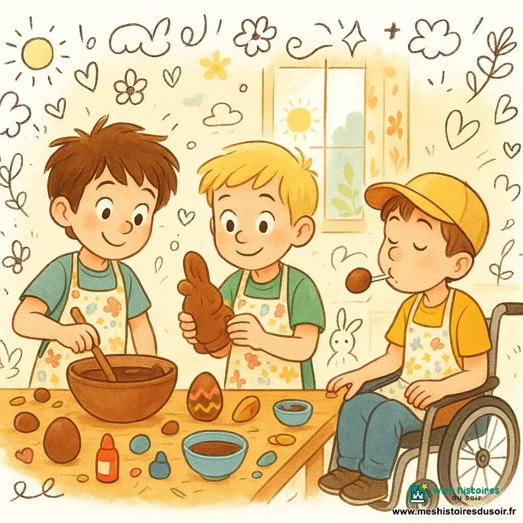 Dans une cuisine lumineuse, trois garçons de 8 ans préparent des œufs de Pâques en chocolat. Hugo, aux cheveux bruns ébouriffés, mélange du chocolat fondu avec un bâton en bois à gauche de l'image. Tom, avec des cheveux blonds et un t-shirt vert, touche un moule en forme de lapin au centre. Lucas, en fauteuil roulant avec une casquette jaune, souffle sur le chocolat à droite. La table est couverte de bols de chocolat, de moules, de colorants et d'outils de pâtisserie. Les murs sont ornés de motifs floraux, et la lumière du soleil illumine la scène, créant une atmosphère joyeuse et magique avec des doodles de lapins et d'œufs dans l'air.