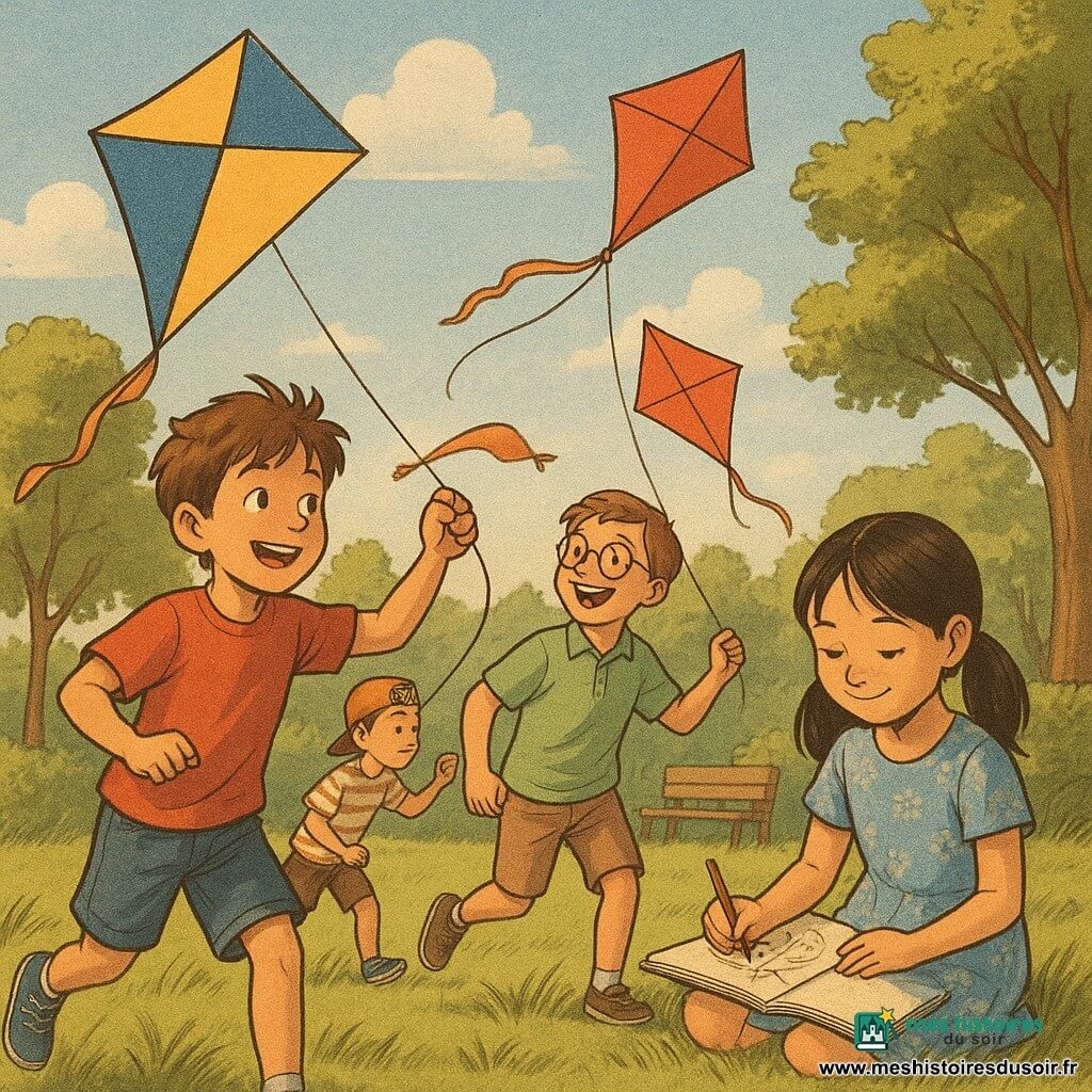Quatre enfants d'environ 9 ans dans un parc en fin d'après‑midi: Max, cheveux bruns en bataille, t‑shirt rouge et short en jean, court à gauche en tenant la ficelle d'un grand cerf‑volant jaune et bleu; Hugo, lunettes rondes et polo vert clair, légèrement boiteux, rit en tenant son cerf‑volant rouge à droite de Max; Léo, casquette à l'envers et t‑shirt rayé, est derrière Max en lançant son cerf‑volant orange; Clara, cheveux en couettes et robe à fleurs bleue, est assise sur l'herbe à droite et dessine un arbre sur son carnet. Le parc est herbeux et lumineux, quelques arbres et un banc en bois en arrière‑plan, ciel bleu avec nuages et lumière dorée projetant de longues ombres; ambiance joyeuse de jeux et de vent perceptible par les ficelles tendues et les tissus flottants.