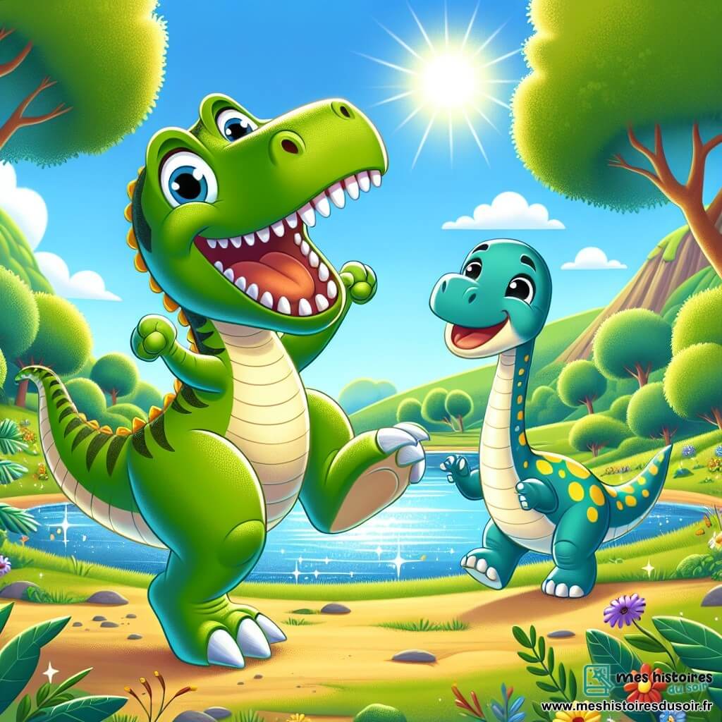 Un grand Tyrannosaure Rex nommé Tino, avec un corps vert et des dents blanches, danse joyeusement au bord d'un lac. Ses yeux brillent de bonheur et un large sourire illumine son visage. À ses côtés, un petit diplodocus nommé Dino, avec un long cou bleu et des taches jaunes, rit en jouant à cache-cache derrière un arbre. Le décor est une vallée ensoleillée, remplie d'arbres et de fleurs colorées, sous un ciel bleu. Tino et Dino s'amusent ensemble, entourés de la beauté de la nature, dans une ambiance de joie et d'amitié.