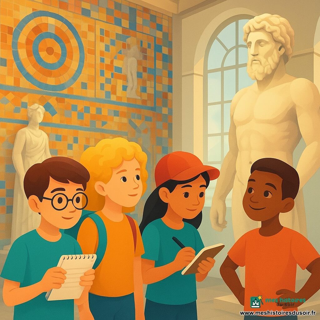 Quatre enfants se trouvent dans une grande salle du musée de Pergame à Berlin, entourés de mosaïques colorées et de statues antiques. Clément, un garçon aux cheveux bruns et lunettes rondes, tient un carnet à spirales et se tient à gauche du groupe. Éloïse, aux cheveux blonds et bouclés, porte un sac à dos coloré et est à droite de Clément. Jade, avec des cheveux noirs et une casquette rouge, dessine dans son carnet à droite d'Éloïse. Lucas, aux cheveux châtains et un sourire espiègle, imite une statue à gauche de Clément. La lumière naturelle illumine les œuvres d'art, et les enfants, émerveillés, sont absorbés dans leurs activités : Clément prend des notes, Éloïse observe, Jade dessine, et Lucas s'amuse. L'atmosphère est studieuse et joyeuse, reflétant leur curiosité face à la richesse culturelle du musée.