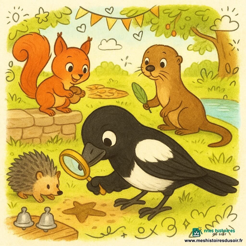 Nox, une pie noire et blanche malicieuse, tient un petit carnet et une loupe en examinant une trace de boue en forme d’étoile; Coco, un écureuil roux excité, tient une noisette sur un muret à gauche; Lola, une loutre brune inquiète mais attentive, montre une plume verte au bord du bassin à droite; Plic, un hérisson gris concentré, renifle près de clochettes argentées sur une table en bois; scène dans une clairière ensoleillée aux lampions colorés, herbe tondue, chemins de pierre et bassin scintillant — ambiance d’enquête joyeuse, couleurs chaudes, contours doux et textures détaillées.