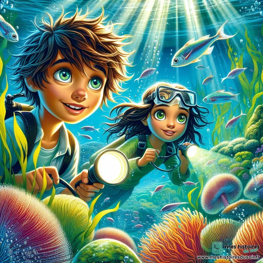 Éliott, un garçon de 12 ans aux cheveux châtains et aux yeux curieux, nage dans une eau cristalline entouré de poissons colorés. Il exprime émerveillement et excitation, tenant une lampe étanche. À ses côtés, Anaïs, une fille de son âge avec des cheveux longs, porte un masque de plongée et sourit en observant les coraux. Le fond marin est une forêt de kelp avec des algues ondulant et des poissons argentés. Éliott et Anaïs explorent ensemble un monde sous-marin fascinant, découvrant des créatures marines et des paysages enchanteurs tout en ressentant excitation et curiosité.