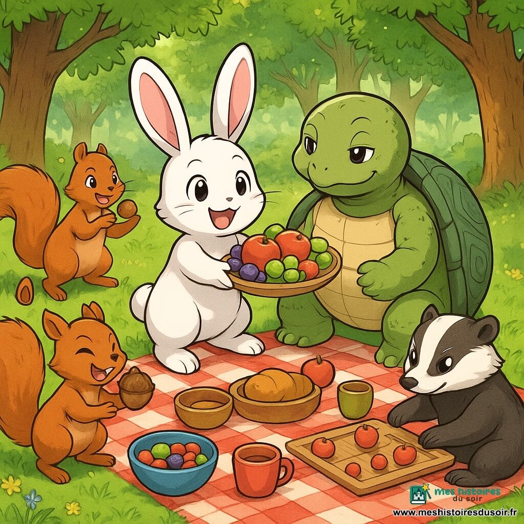 Un pique-nique joyeux dans une clairière ensoleillée : Léo, petit lapin blanc aux grandes oreilles roses, tend une assiette de fruits ; Théo, grosse tortue à la carapace gris-vert sculptée, pose une patte sur son épaule ; deux écureuils roux apportent un sac de noix et jonglent ; deux blaireaux rayés apprennent un jeu avec des pommes ; nappe à carreaux rouges et blancs, bols de fruits, pain, gâteaux, assiettes en bois et tasses peintes, herbe verte, fleurs sauvages et grands arbres formant un dôme, ambiance chaleureuse, gestes amicaux et couleurs vives.