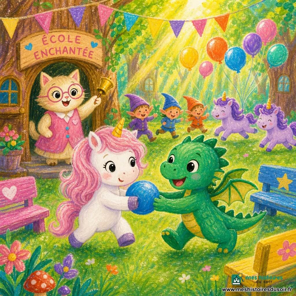Lila, petite licorne blanche aux crins rose pâle et corne dorée, tient un ballon bleu en trottinant, à sa droite Max, petit dragon vert émeraude aux yeux ronds, rit en lui passant le ballon, derrière eux Madame Rose, maîtresse chat crème au gilet rose et lunettes rondes, accueille les enfants en agitant une cloche, tandis que quelques lutins colorés et deux petites licornes violettes jouent en arrière‑plan dans la clairière d’école d’une forêt magique, herbe verte, bancs peints, fanions et ballons multicolores sous des rayons de soleil dorés ; scène chaleureuse et simple de rentrée, sourires rassurés, couleurs pastel et textures de pastel gras.