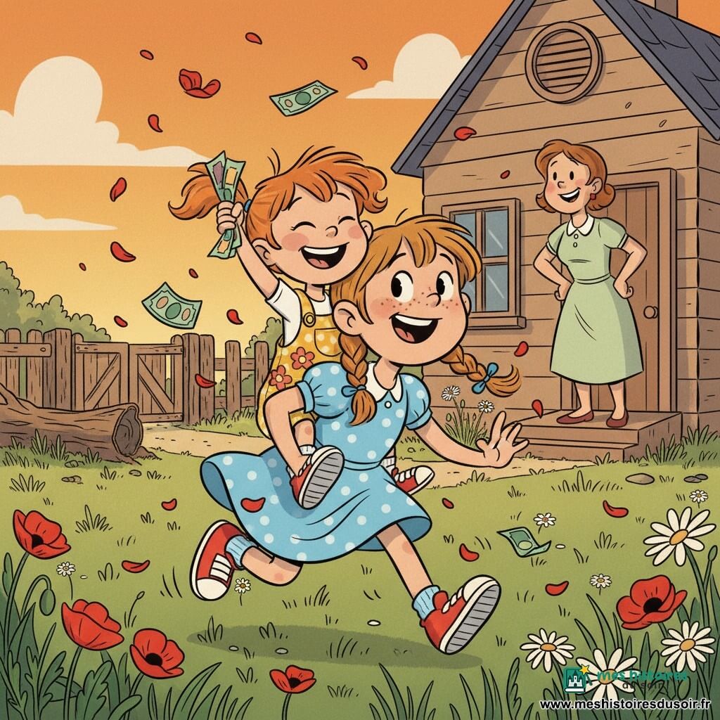 Lilo, 10 ans, visage rond et taches de rousseur, châtain clair en deux nattes, robe bleu ciel à pois blancs et baskets rouges, porte sa petite sœur Zoé (~5 ans, roux en couettes, salopette jaune à fleurs, tenant un billet multicolore) sur le dos en courant gaiement dans un champ fleuri au coucher du soleil — herbe haute, coquelicots et marguerites, quelques billets et pétales qui volent, maman (~35 ans, robe vert pâle) sourit depuis le seuil de la maison avec portail en bois et tronc d’arbre couché à gauche; ambiance chaleureuse et ludique, style cartoon rétro aux contours noirs épais.
