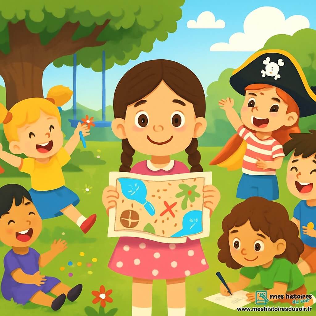 Il y a 6 personnages : Lucie, 8 ans, cheveux bruns tressés, robe rose à pois blancs, souriante avec une carte au trésor ; Clara, 7 ans, couettes blondes, t-shirt jaune, jupe bleue, sautant de joie avec des bonbons ; Sarah, 8 ans, cheveux châtains bouclés, t-shirt vert, short, dessinant un plan ; Manon, 8 ans, cheveux noirs en queue de cheval, robe violette, assise par terre, riant ; Lila, 9 ans, cheveux roux, chapeau de pirate, t-shirt rayé, mimant un discours de pirate ; Tom, 8 ans, cheveux bruns en bataille, t-shirt bleu, short, riant avec des billes. Le cadre est un parc verdoyant avec des arbres, un chêne, des balançoires et un toboggan. Les enfants sont en pleine chasse au trésor, partageant des bonbons et s'amusant autour d'un arbre, créant une ambiance joyeuse.