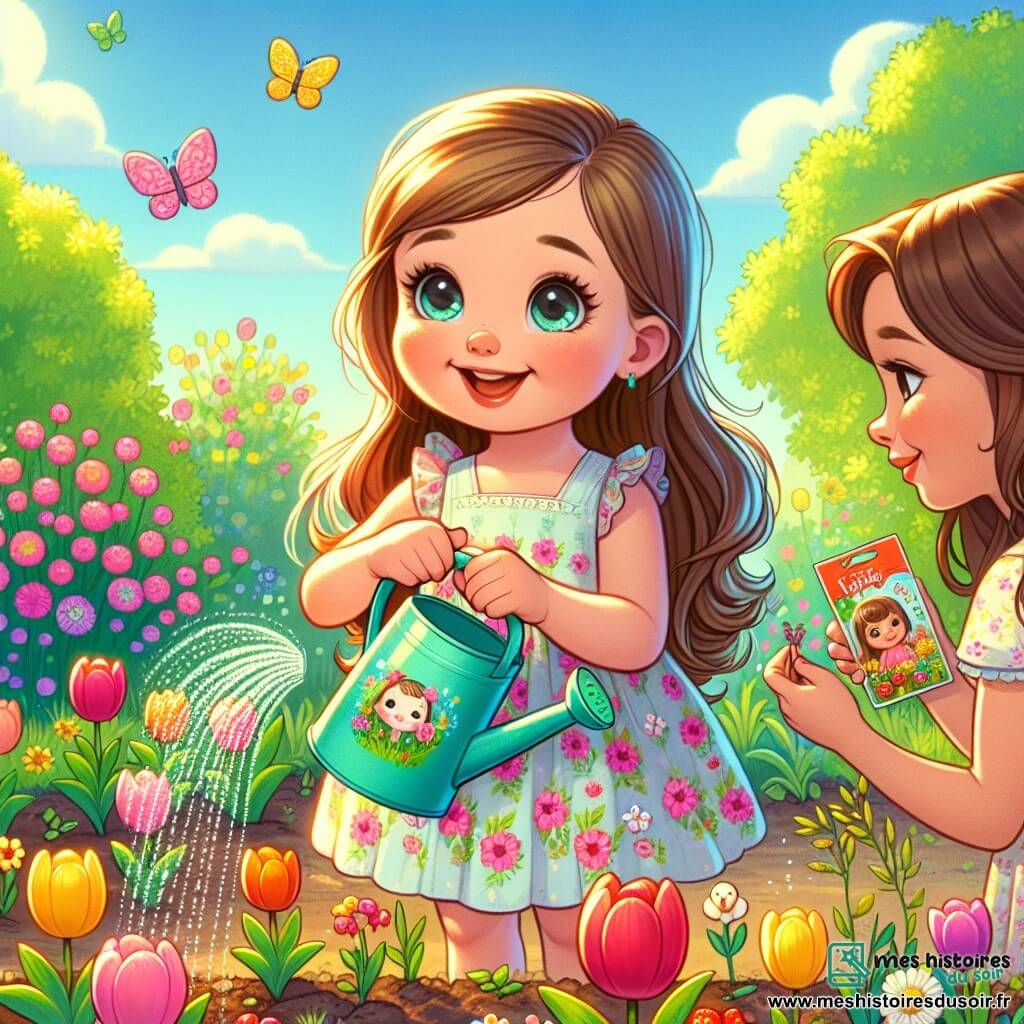 Une petite fille de 4 ans, Lila, sourit joyeusement en tenant un arrosoir coloré. Elle porte une robe légère à fleurs et se trouve dans un jardin ensoleillé, entourée de tulipes colorées. Sa maman, une femme d'une trentaine d'années, est à ses côtés avec un sachet de graines de tomates, la regardant avec fierté. Le jardin est verdoyant, rempli de fleurs, de papillons et sous un ciel bleu clair. Lila et sa maman plantent des graines, et Lila arrose les graines tout en chuchotant aux fleurs.