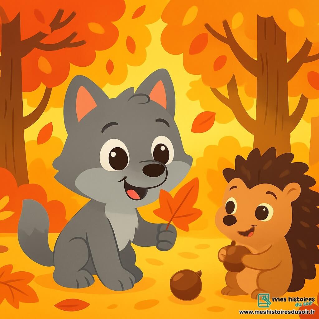 Louna, un petit loup doux et curieux au pelage gris et aux yeux pétillants, ramasse une feuille orange dans une forêt d'automne. Elle sourit, émerveillée. À ses côtés, Oscar le hérisson, avec son dos piquant marron et ses yeux malicieux, tient un marron, affichant une expression contente. La scène se déroule dans une forêt enchantée, avec des arbres ornés de feuilles rouges, jaunes et dorées, et un sol tapissé de feuilles croustillantes. La lumière du soleil crée des éclats dorés. Louna et Oscar explorent joyeusement leur environnement, découvrant les trésors de l'automne.