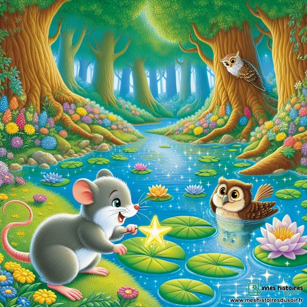Un petit rat nommé Rémi, au pelage gris et aux yeux curieux, se tient au bord d'un lac scintillant, émerveillé par une étoile sur un nénuphar. Il affiche détermination et joie, tendant ses pattes vers l'étoile. À proximité, une vieille chouette sage, perchée sur une branche, l'observe avec bienveillance, prête à l'encourager. Le décor est une forêt enchantée avec des arbres majestueux, des feuilles vertes éclatantes et des fleurs colorées. Rémi s'approche courageusement de l'étoile, tandis que la chouette le regarde avec fierté, symbolisant sagesse et encouragement.