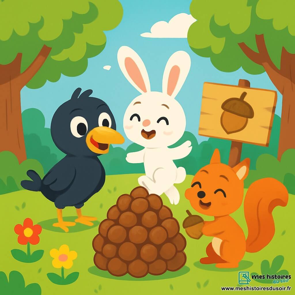 Un corbeau espiègle nommé Coco, avec un plumage noir et des yeux curieux, se tient au centre de la scène, souriant. À ses côtés, un lapin aux grandes oreilles, Lapinou, avec un pelage blanc et des joues roses, saute joyeusement, tandis qu'un écureuil malicieux, Chipo, aux poils roux, jongle avec des noisettes. Ils se trouvent dans une clairière ensoleillée, entourée d'arbres verts et de fleurs colorées. Une pancarte en bois indique "Concours de la plus grosse noisette !". Coco, Lapinou et Chipo rassemblent leurs noisettes pour créer une énorme boule, riant et s'amusant, entourés d'animaux curieux.